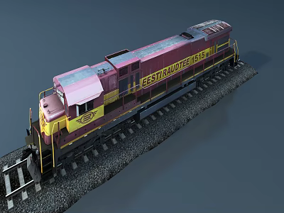 Eastern Western Rail Red And Yellow Locomotive On Railroad Tracks Gray Background 3d model