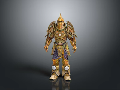 Ornate Golden Armor Toy Figure With Purple Accents And Round Knee Guards 3d model