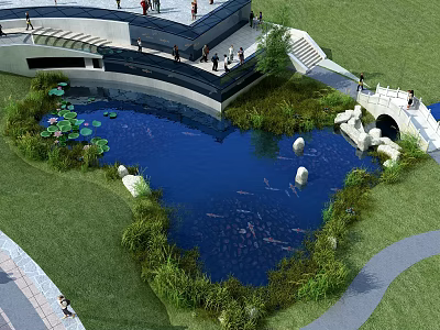Tranquil Garden Landscape with Pond Lotus Leaves Stone Bridge Green Grass and Paths 3d model