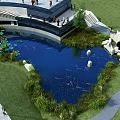 Tranquil Garden Landscape with Pond Lotus Leaves Stone Bridge Green Grass and Paths
