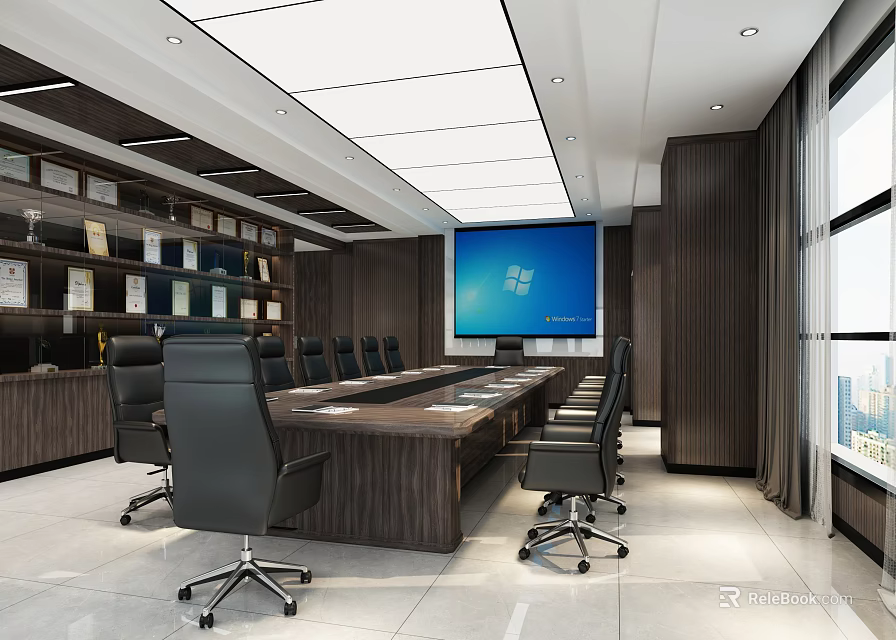 Modern Conference Room Interior With Long Wooden Table Black Office Chairs Large Screen And Bookshelves 3d model 