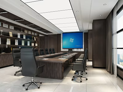 Modern Conference Room Interior With Long Wooden Table Black Office Chairs Large Screen And Bookshelves 3d model