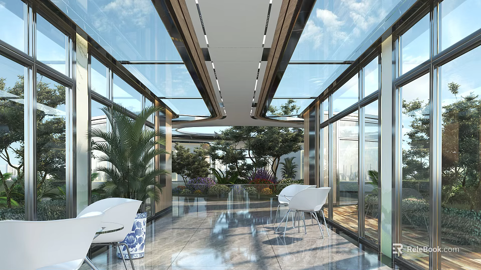 Villa Balcony With Glass Walls White Chairs And Lush Greenery 3d model 