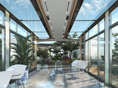 Villa Balcony With Glass Walls White Chairs And Lush Greenery 3d model