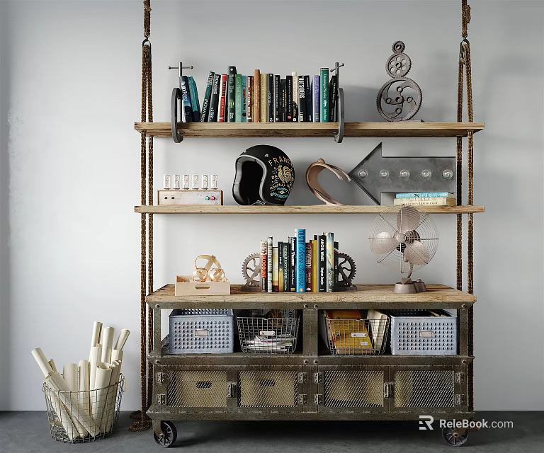 Industrial Style Storage Shelf Unit With Wooden Metal Shelves Books Decorative Items And Baskets 3d model 