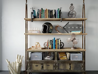 Industrial Style Storage Shelf Unit With Wooden Metal Shelves Books Decorative Items And Baskets 3d model