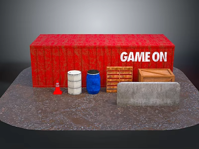 Everyday Living Supplies With Cone Barrels Pallets Crate And Gray Slab Near Red Game On Container 3d model