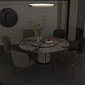 Modern Round Marble Dining Table Set With Six Chairs And Ceiling Chandelier 3d model