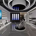 Modern Exhibition Hall Entrance with Display Shelves Glass Doors and Office Area