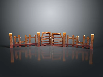 Rustic Wooden Entry Gate With Fence Style Rails And Reflective Floor Surface 3d model