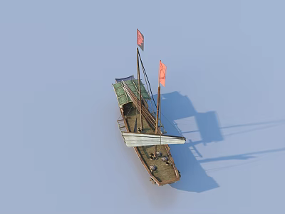 Classic Wooden Boat With Red Flags Green Canopy And Brown Hull 3d model