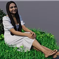 Woman In White Dress Sitting On Green Grass With Long Hair And Plants