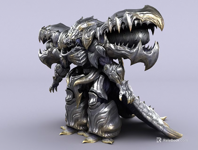 Game Movie Character Metallic Monster With Multiple Heads Sharp Teeth And Detailed Design 3d model 