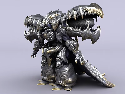 Game Movie Character Metallic Monster With Multiple Heads Sharp Teeth And Detailed Design 3d model
