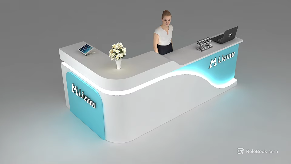 Modern Curved Design White And Blue Reception Desk With Flower Vase Tablet Laptop MIRAM Logo 3d model 