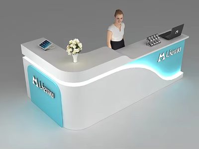 Modern Curved Design White And Blue Reception Desk With Flower Vase Tablet Laptop MIRAM Logo 3d model