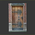 Traditional Wooden Door In Red Brick Wall With Ornate Metal Decorations And Stone Step