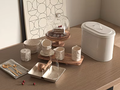 Minimalist Dinnerware Set With Ceramic Cups Plates Wooden Tray and Lid Container on Dining Table 3d model