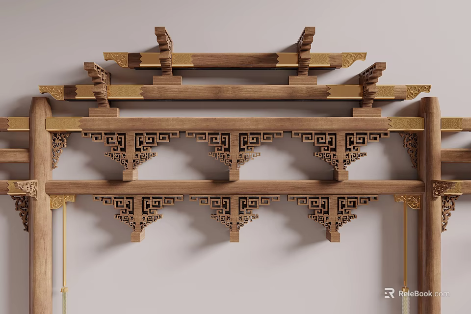 Traditional Chinese Wooden Columns Featuring Intricate Carved Patterns and Decorative Brackets 3d model 