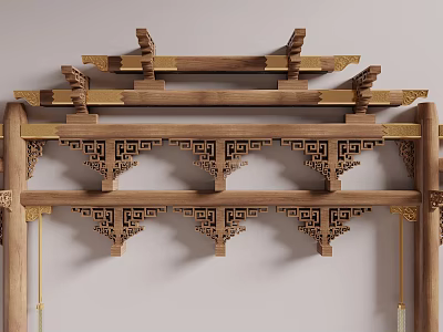 Traditional Chinese Wooden Columns Featuring Intricate Carved Patterns and Decorative Brackets 3d model