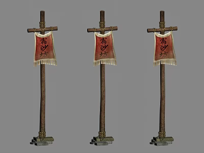 Three Wooden Flagpoles With Cross Shaped Tops And Red Banners With Characters On Stone Bases 3d model