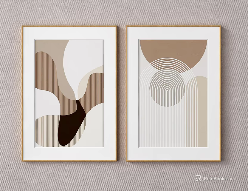 Abstract Art Prints With Gold Frames And Neutral Geometric Patterns On Wall 3d model