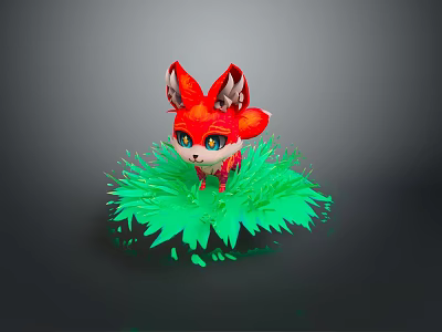 Red Fox Game And Movie Character With Big Ears Blue Eyes Standing On Green Grass 3d model