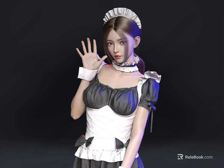 Woman in Classic Maid Outfit with White Apron Black Dress and Ruffled Hat Waving Hand 3d model 