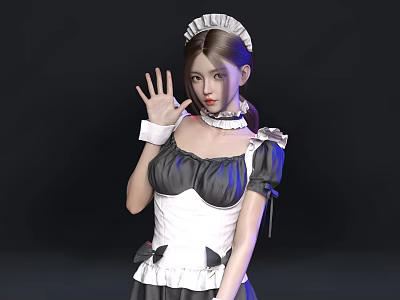 Woman in Classic Maid Outfit with White Apron Black Dress and Ruffled Hat Waving Hand 3d model