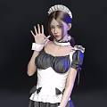 Woman in Classic Maid Outfit with White Apron Black Dress and Ruffled Hat Waving Hand