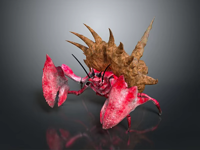 Red Crab With Large Claws And Brown Spiked Shell On Back 3d model