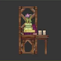 Wooden Stool With Diamond Lattice Backrest And Stacked Books Flower Vase Boxes Candle