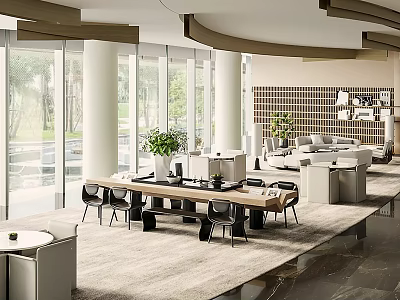 Modern Sales Office Interior With Large Glass Windows Green Plants And Marble Floor 3d model