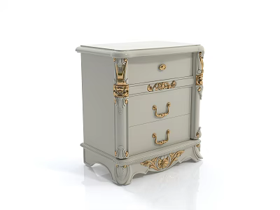 Elegant Gray Bedside Table With Gold Accented Carvings And Three Drawers 3d model