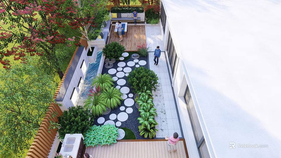 Serene Garden Landscape Featuring Circular Stone Pathway Wooden Deck And Lush Greenery 3d model 