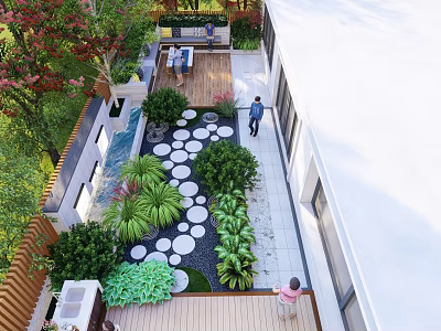 Serene Garden Landscape Featuring Circular Stone Pathway Wooden Deck And Lush Greenery 3d model