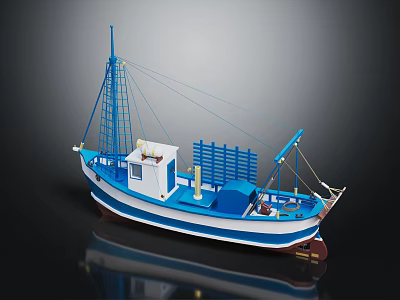 Blue And White Fishing Ship With Mast And Equipment 3d model