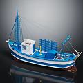 Blue And White Fishing Ship With Mast And Equipment