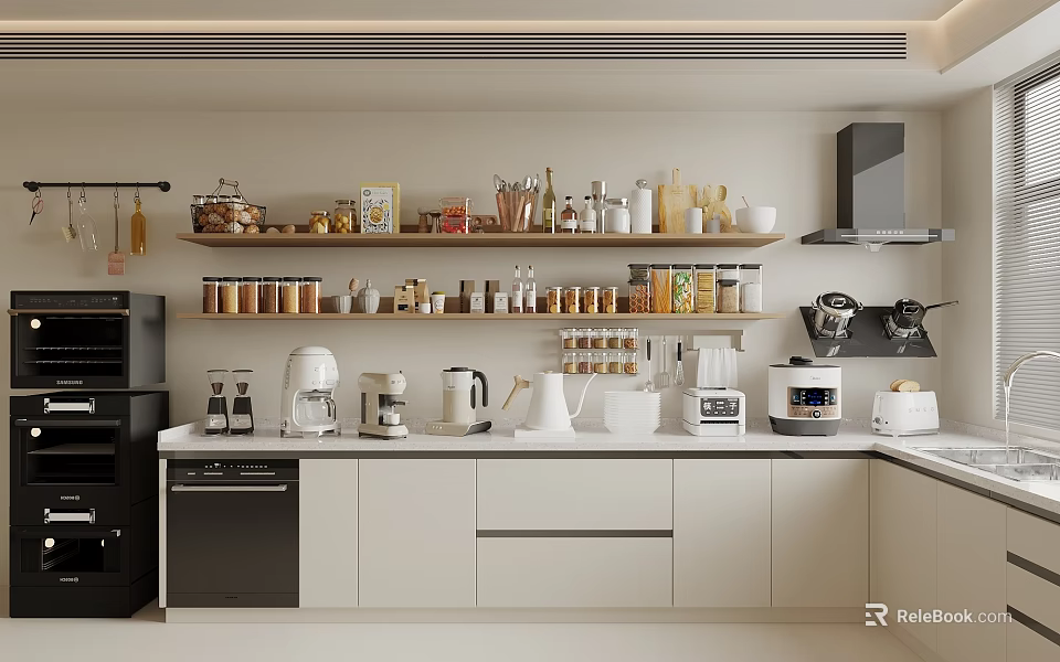Spice Jars And Various Kitchenware On Shelves In Modern Kitchen 3d model 