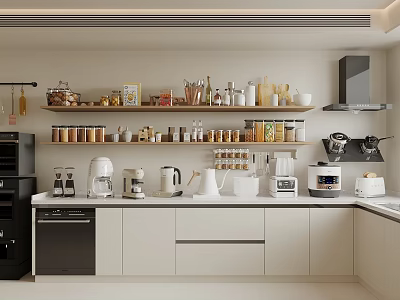 Spice Jars And Various Kitchenware On Shelves In Modern Kitchen 3d model