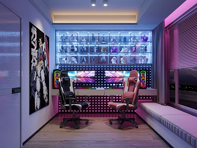 Modern Gaming Room Setup With Two Gaming Chairs Dual Monitors Figurine Shelf And Neon Lighting 3d model