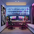 Modern Gaming Room Setup With Two Gaming Chairs Dual Monitors Figurine Shelf And Neon Lighting