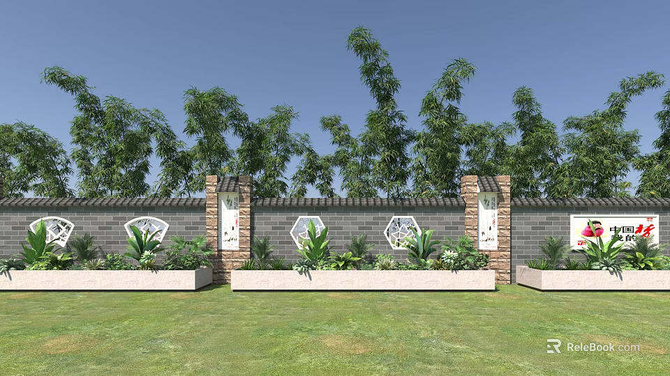 Brick Feature Wall With Circular Decorations Pillars Planter Boxes And Green Plants Against Blue Sky 3d model 