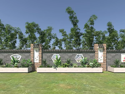 Brick Feature Wall With Circular Decorations Pillars Planter Boxes And Green Plants Against Blue Sky 3d model