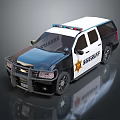 White And Black Sheriff SUV With Emergency Lights And Badge Logo