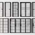 Various Sliding Doors Featuring Black Frame And Diverse Glass Grid Patterns 3d model