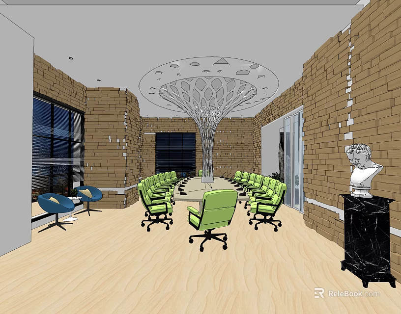 Modern Meeting Room Interior With Green Chairs Long Conference Table Brick Walls And Wooden Floor 3d model 