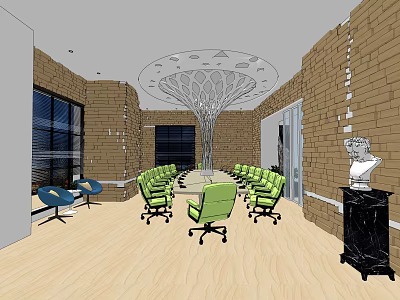 Modern Meeting Room Interior With Green Chairs Long Conference Table Brick Walls And Wooden Floor 3d model