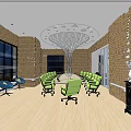 Modern Meeting Room Interior With Green Chairs Long Conference Table Brick Walls And Wooden Floor