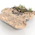 Game and Movie Character in Sandy Terrain with Rocks Branches and Green Plants